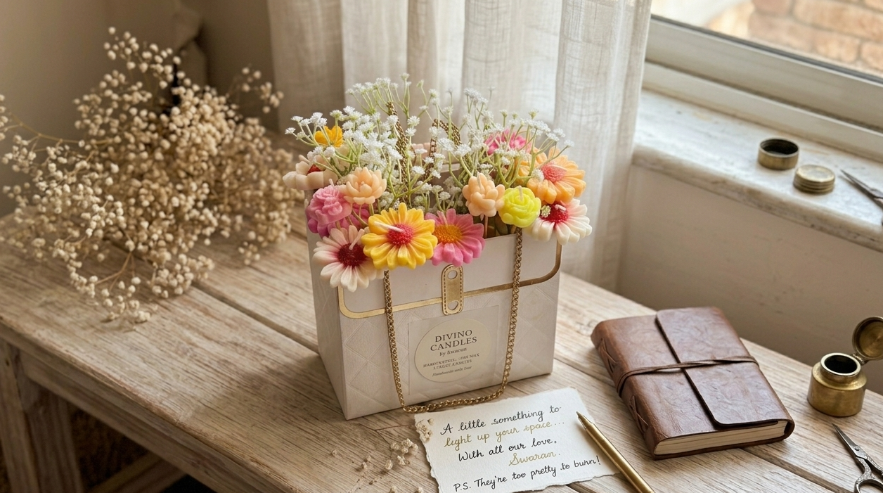 Floral arrangement in a box on a wooden table with stationery items.