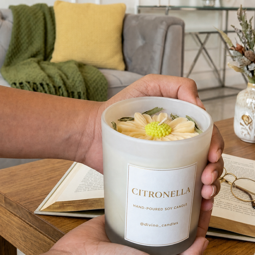 Hand holding a citronella candle in a living room